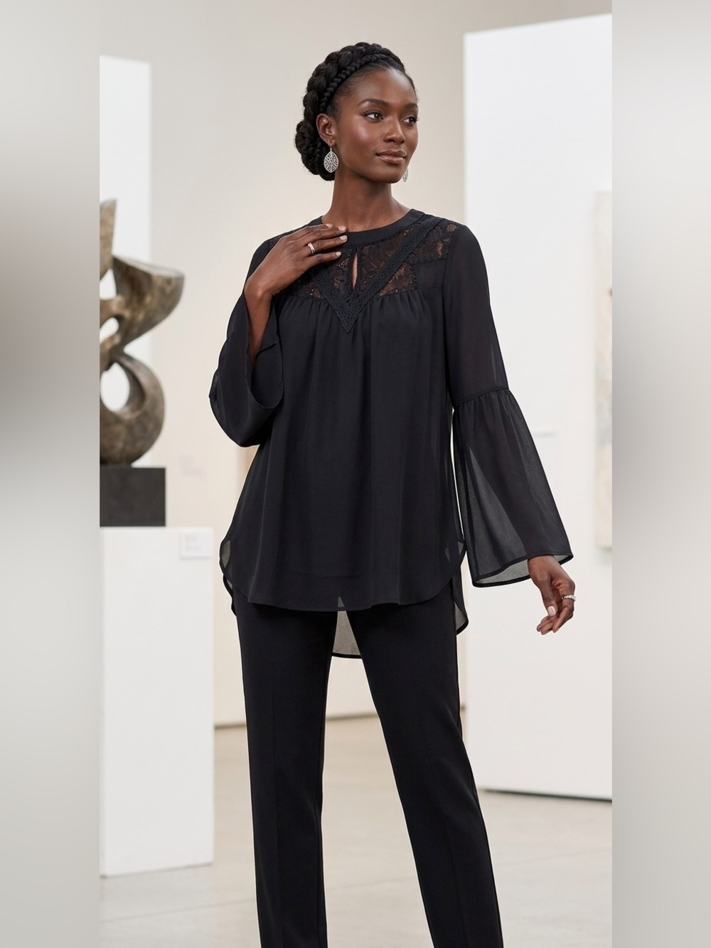 Express Elegant Black Long Sleeve Blouse with Lace & Sequin Detail